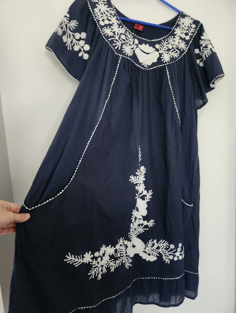 NWT Embroidered Navy Blue Peasant Smock Dress With Pockets, Floral Boho